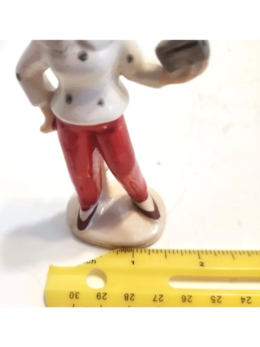Vintage Small Ceramic Figurine Of Woman Red Pants & White Blouse with Radio READ